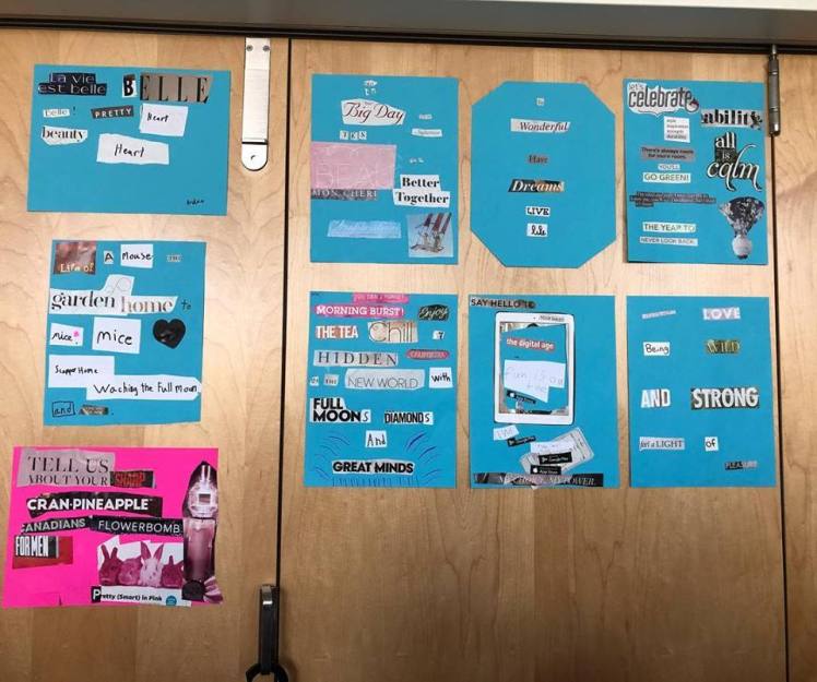 Collage poems displayed on a classroom wall.